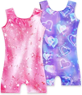 2 Pack Leotard for Girls Gymnastics Sparkly Tumbling Unitards with Shorts Sleeveless One Piece Biketards
