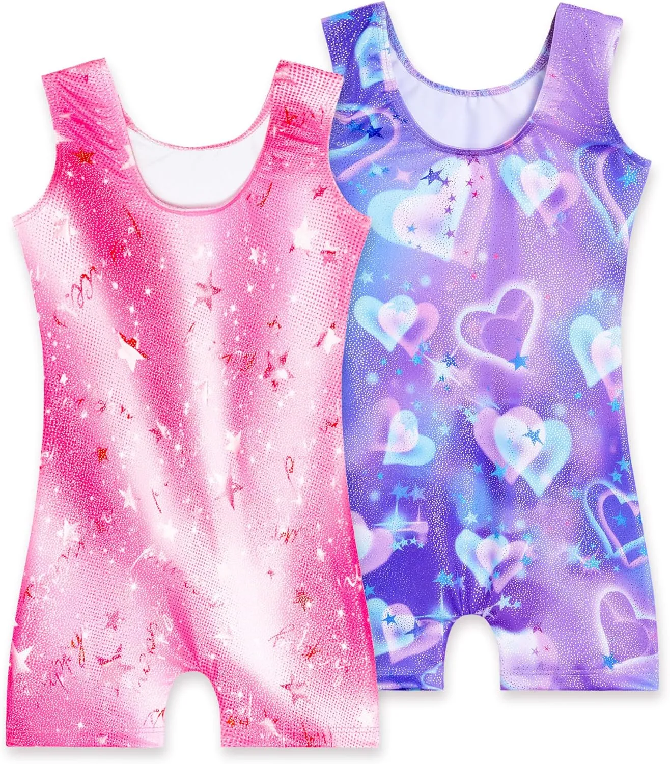 2 Pack Leotard for Girls Gymnastics Sparkly Tumbling Unitards with Shorts Sleeveless One Piece Biketards