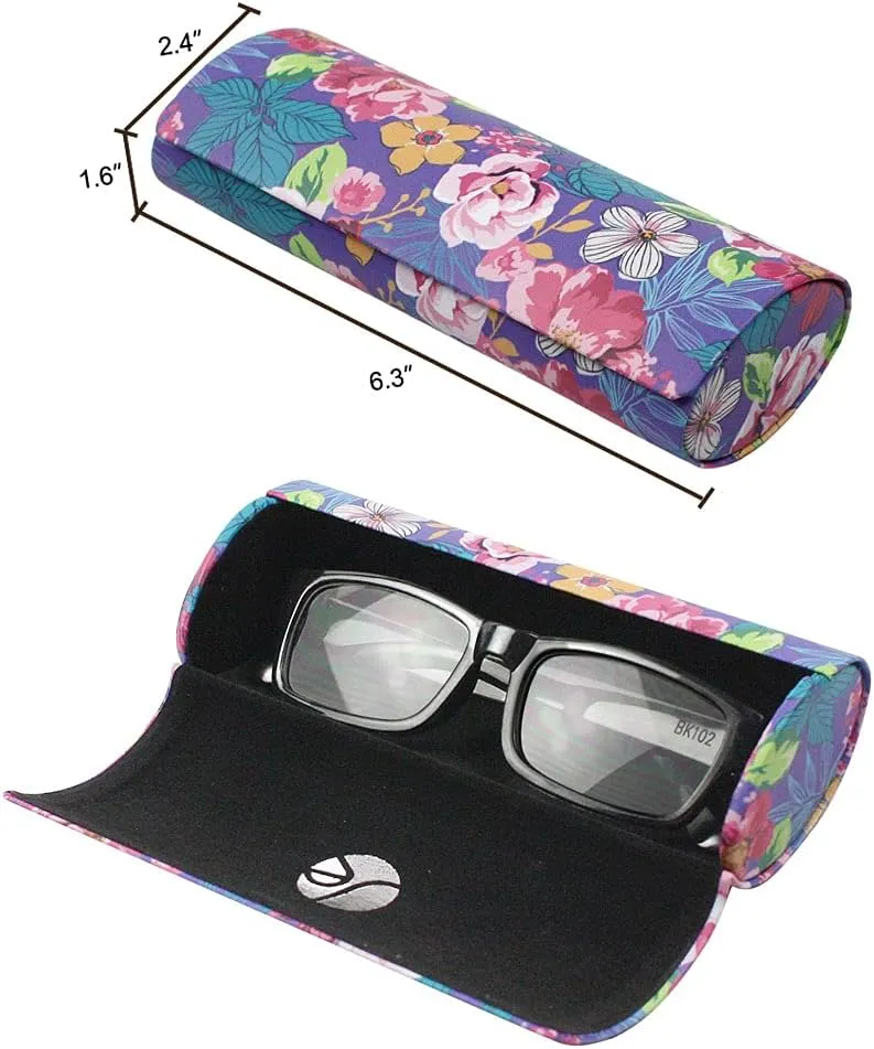 [3 PACK], Various Pattern Long Oval Hard Glasses Case Includes Microfiber Cleaning Cloth
