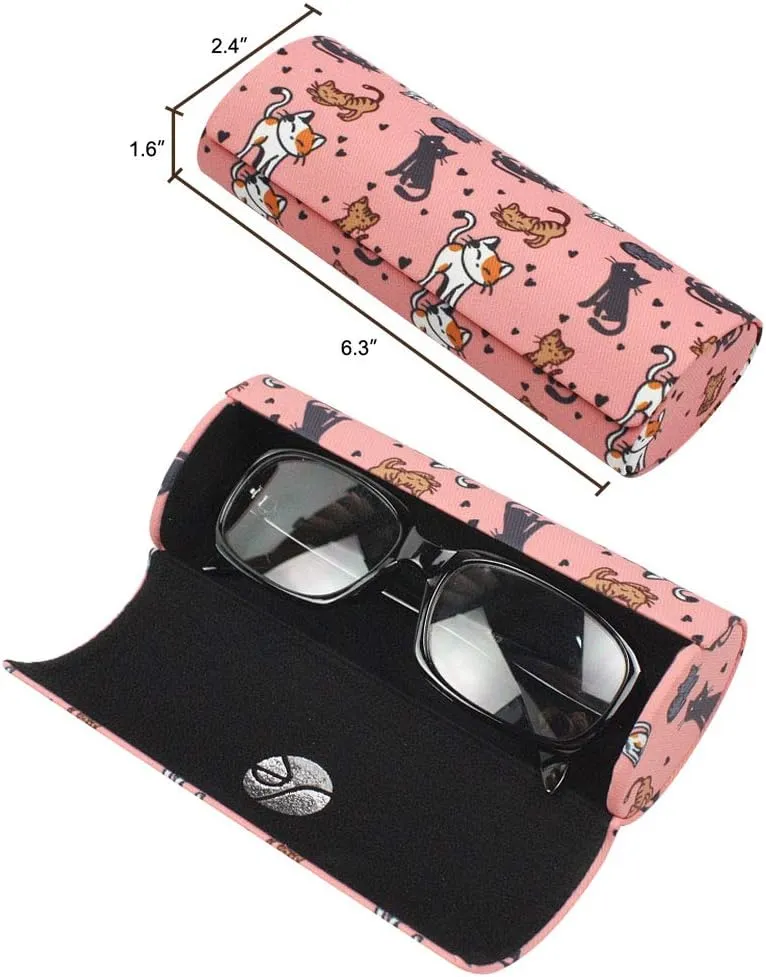 [3 PACK], Various Pattern Long Oval Hard Glasses Case Includes Microfiber Cleaning Cloth