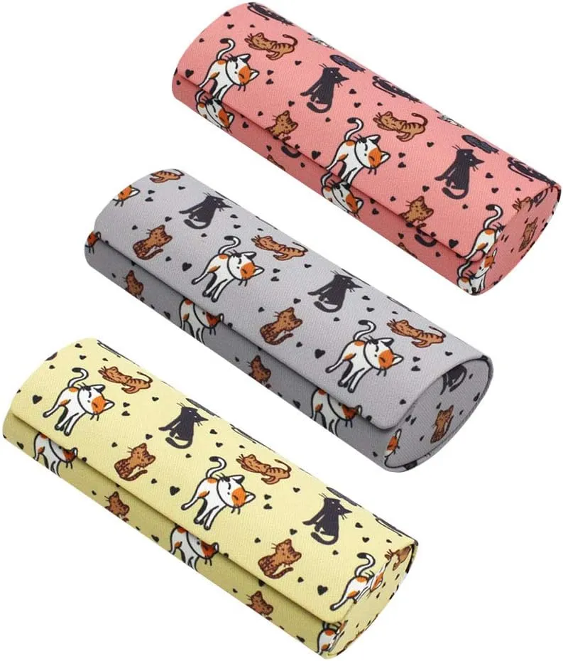 [3 PACK], Various Pattern Long Oval Hard Glasses Case Includes Microfiber Cleaning Cloth