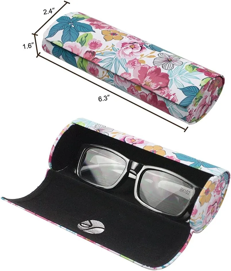 [3 PACK], Various Pattern Long Oval Hard Glasses Case Includes Microfiber Cleaning Cloth