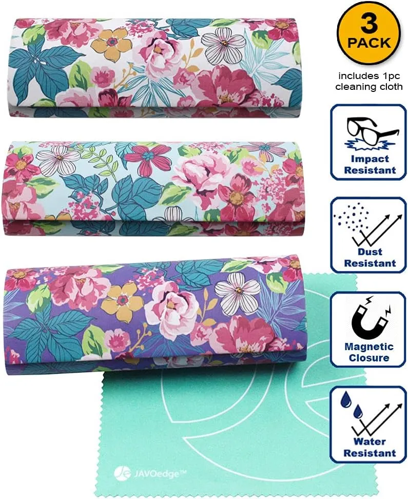 [3 PACK], Various Pattern Long Oval Hard Glasses Case Includes Microfiber Cleaning Cloth