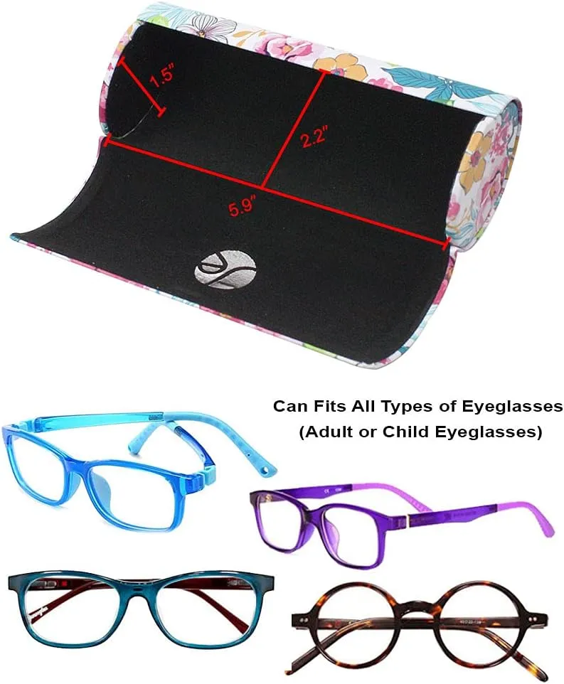 [3 PACK], Various Pattern Long Oval Hard Glasses Case Includes Microfiber Cleaning Cloth