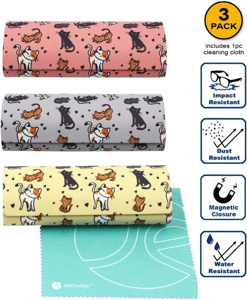 [3 PACK], Various Pattern Long Oval Hard Glasses Case Includes Microfiber Cleaning Cloth
