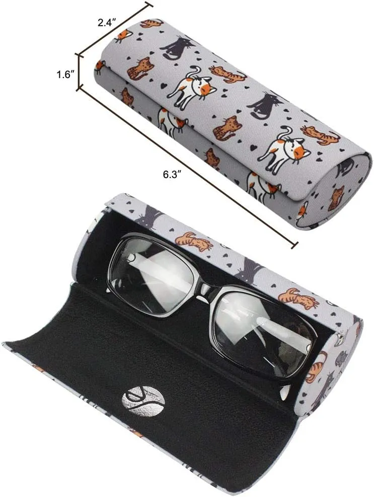 [3 PACK], Various Pattern Long Oval Hard Glasses Case Includes Microfiber Cleaning Cloth