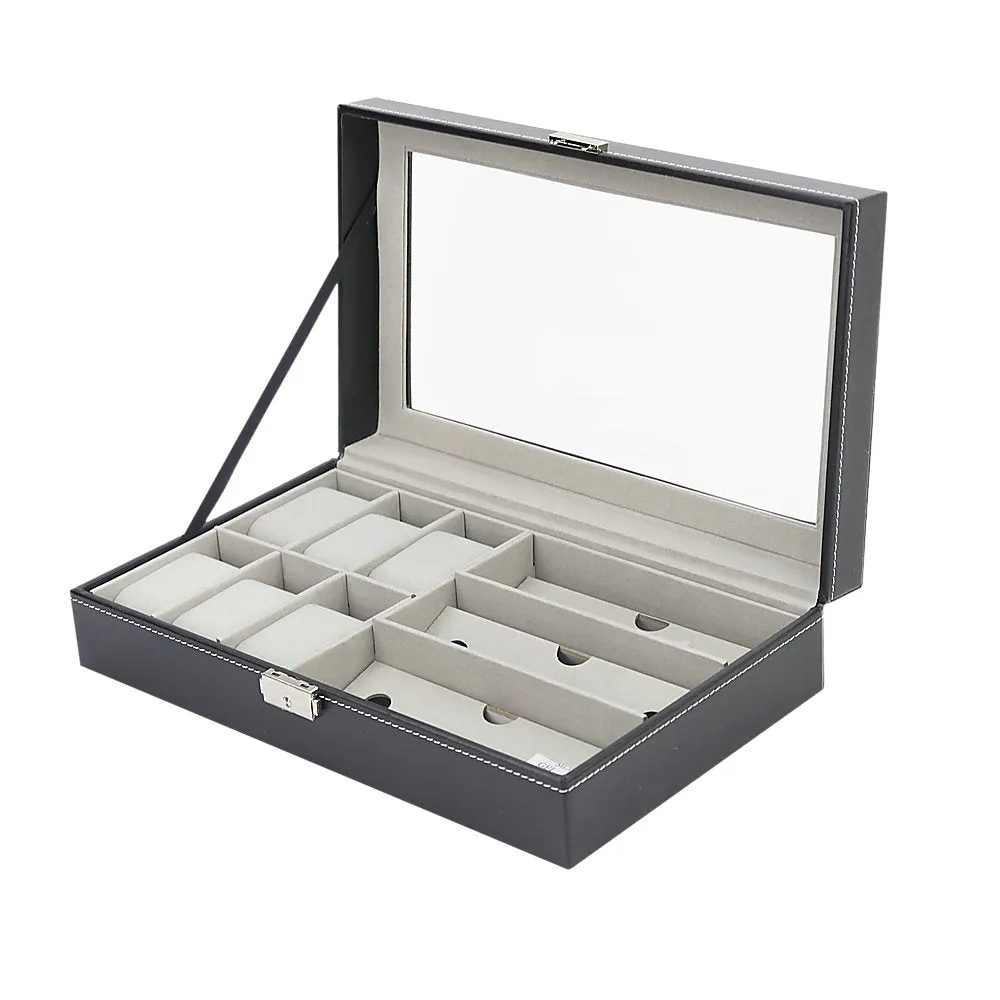 6 3 Grid Watch Sunglass Eyeglasses Display Box Case Storage Organizer PU Leather