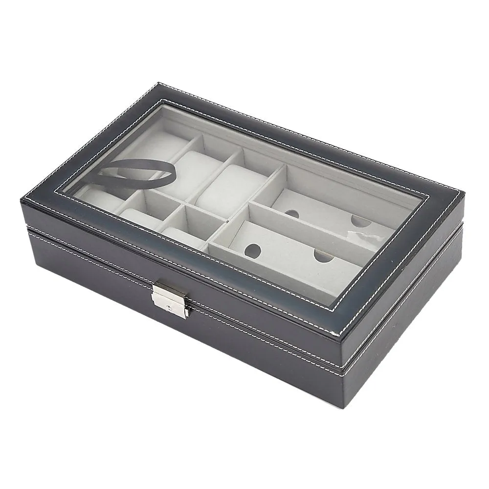 6 3 Grid Watch Sunglass Eyeglasses Display Box Case Storage Organizer PU Leather