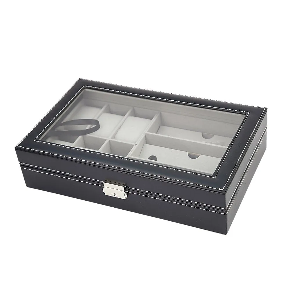 6 3 Grid Watch Sunglass Eyeglasses Display Box Case Storage Organizer PU Leather
