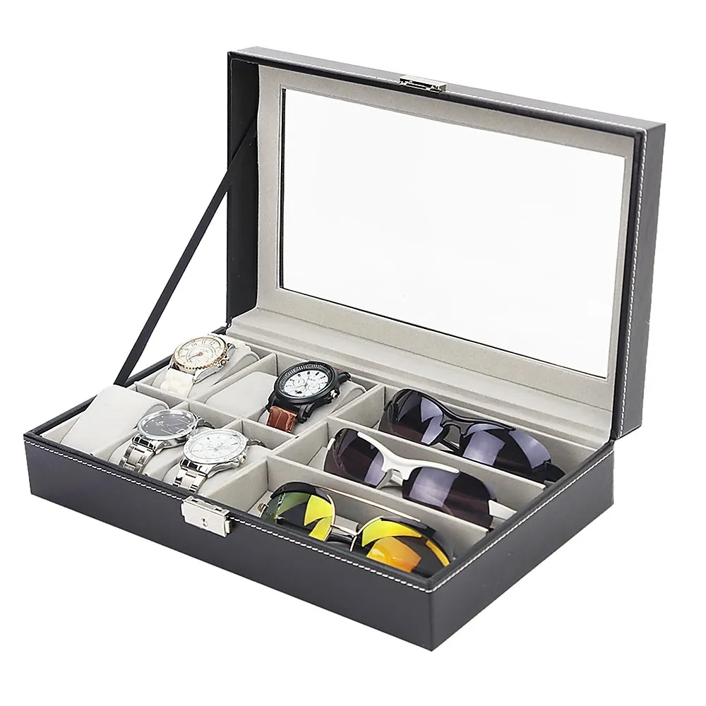 6 3 Grid Watch Sunglass Eyeglasses Display Box Case Storage Organizer PU Leather