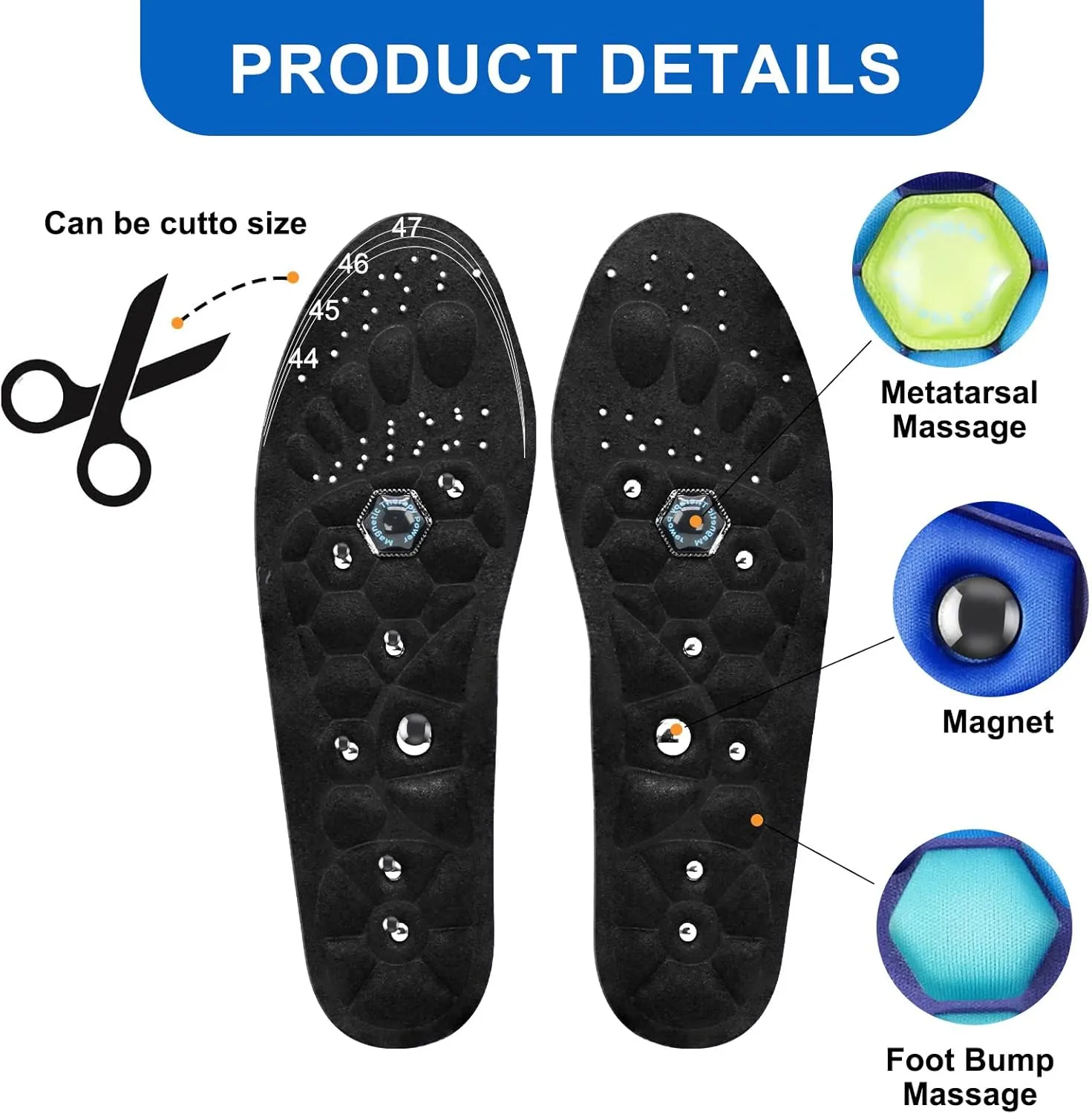Acupressure Insoles for Men and Women - Orthopedic Acupoint Massage Insoles with Magnetic Technology, Shock Absorption, Non-Slip, Feet and Arch Support (Black, L(Men 9.5-12/Women 10.5-13))