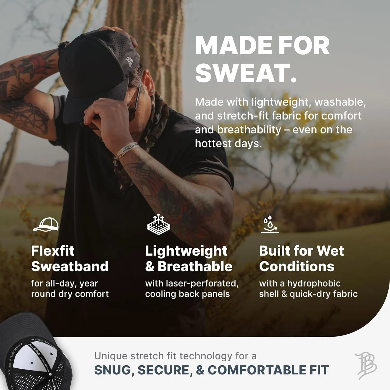 Branded Bills Bare Performance Hat, with Flexfit Sweatband, Adjustable Snapback, Comfort Stretch, Quick Dry, Water Repellent