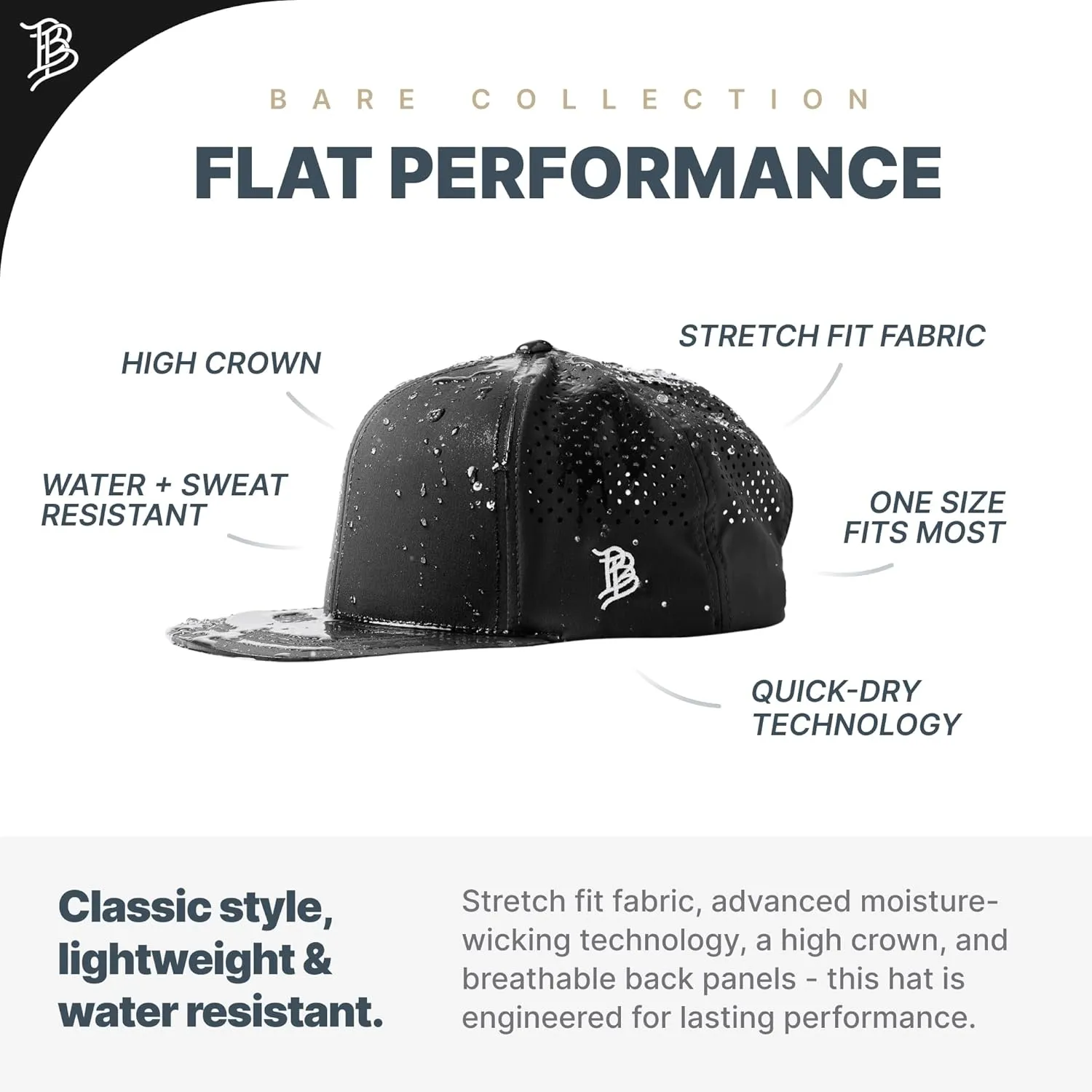 Branded Bills Bare Performance Hat, with Flexfit Sweatband, Adjustable Snapback, Comfort Stretch, Quick Dry, Water Repellent