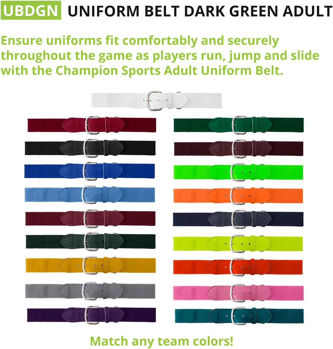 Champion Sports Baseball/Softball Uniform Belt, Comfort Stretch Fit - Durable Syntex Tab, Youth & Adult Sizes
