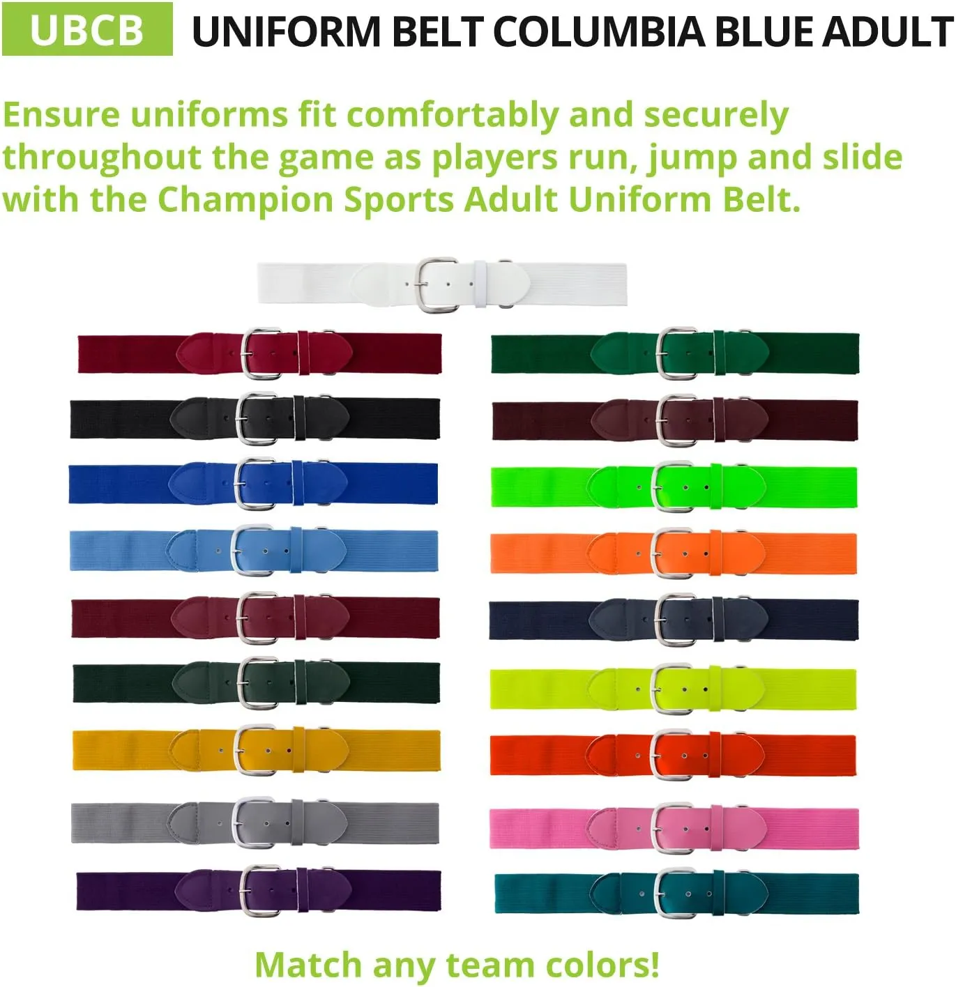 Champion Sports Baseball/Softball Uniform Belt, Comfort Stretch Fit - Durable Syntex Tab, Youth & Adult Sizes
