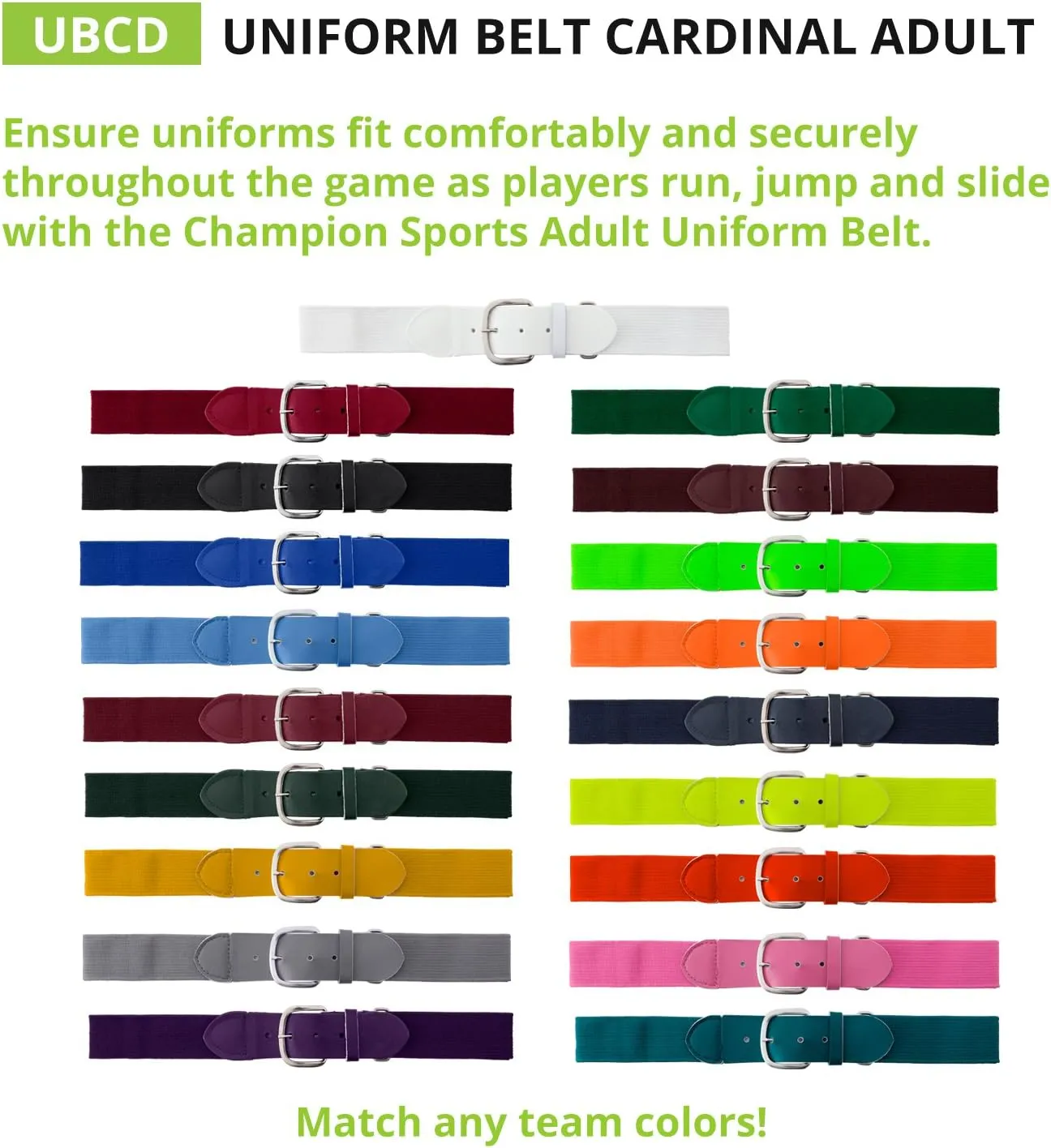 Champion Sports Baseball/Softball Uniform Belt, Comfort Stretch Fit - Durable Syntex Tab, Youth & Adult Sizes