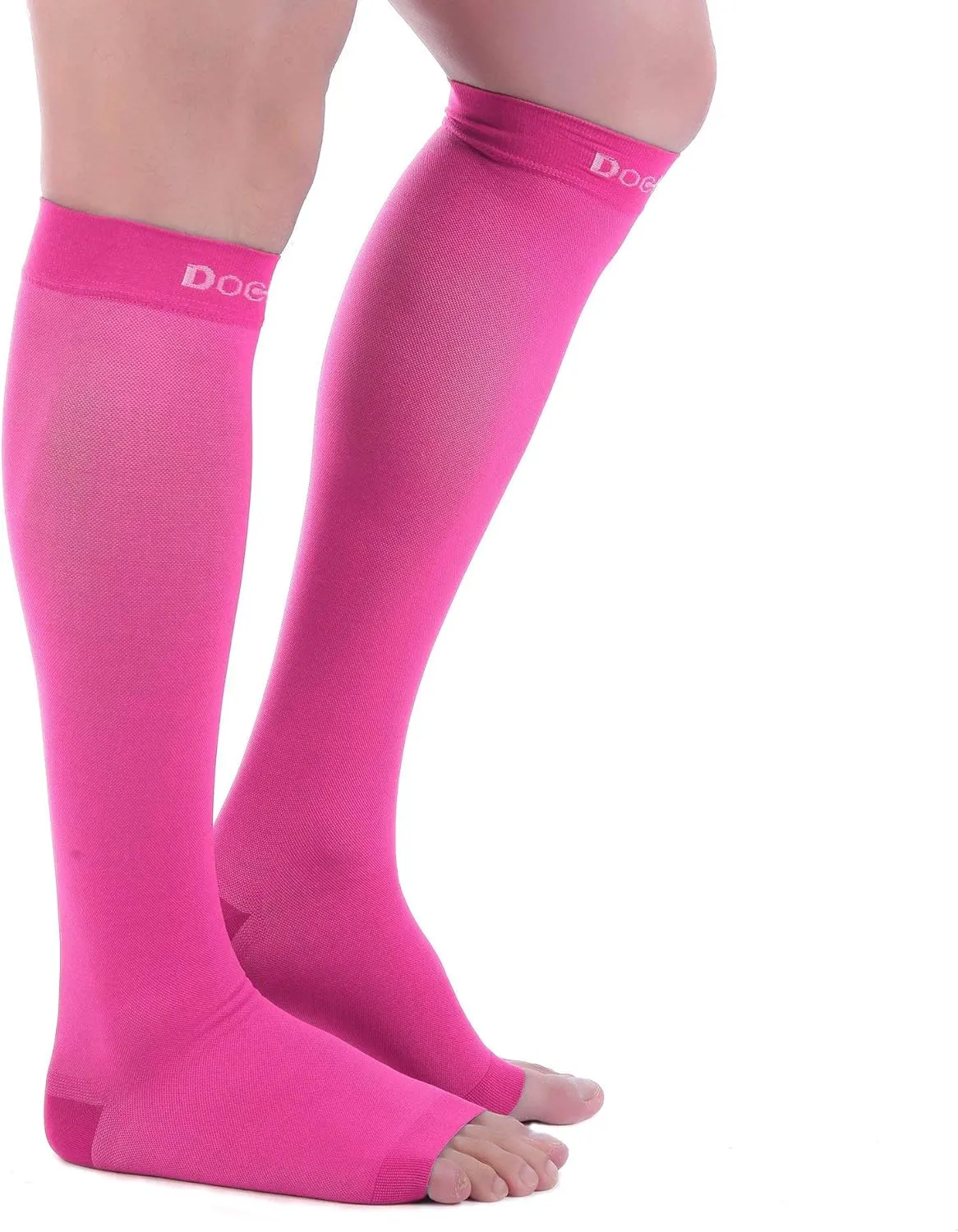 Doc Miller Open Toe Compression Socks, 20-30 mmHg, Toeless, Support Circulation, Shin Splints, Calf Recovery, Post Op, Knee High, Medical Grade, Pink Socks, Large Size for Men & Women, Pair