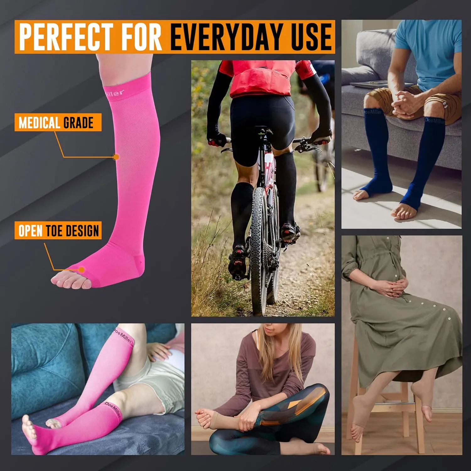Doc Miller Open Toe Compression Socks, 20-30 mmHg, Toeless, Support Circulation, Shin Splints, Calf Recovery, Post Op, Knee High, Medical Grade, Pink Socks, Large Size for Men & Women, Pair