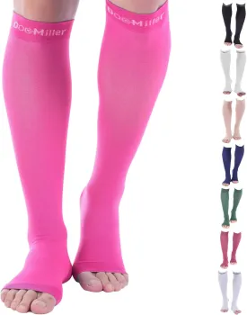Doc Miller Open Toe Compression Socks, 20-30 mmHg, Toeless, Support Circulation, Shin Splints, Calf Recovery, Post Op, Knee High, Medical Grade, Pink Socks, Large Size for Men & Women, Pair