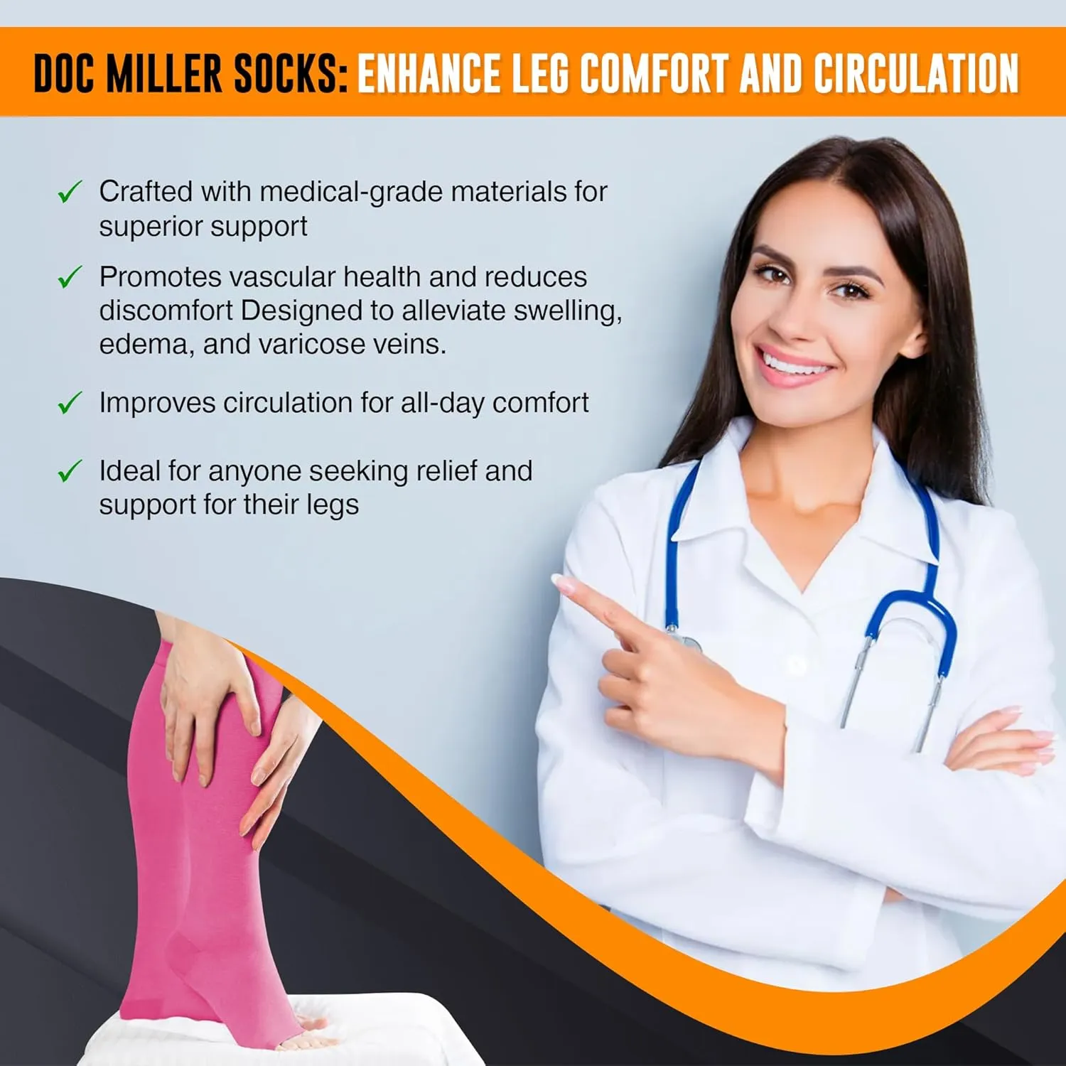 Doc Miller Open Toe Compression Socks, 20-30 mmHg, Toeless, Support Circulation, Shin Splints, Calf Recovery, Post Op, Knee High, Medical Grade, Pink Socks, Large Size for Men & Women, Pair