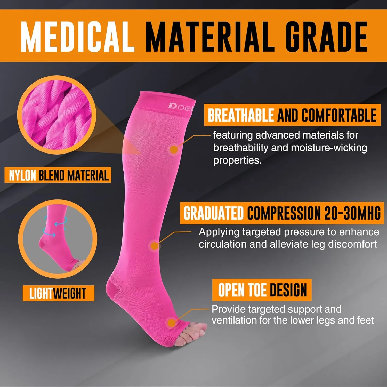 Doc Miller Open Toe Compression Socks, 20-30 mmHg, Toeless, Support Circulation, Shin Splints, Calf Recovery, Post Op, Knee High, Medical Grade, Pink Socks, Large Size for Men & Women, Pair