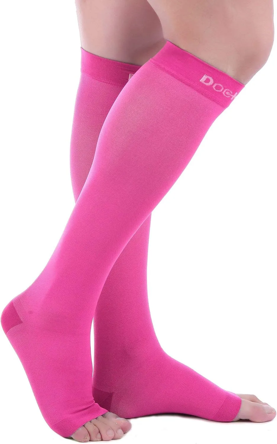 Doc Miller Open Toe Compression Socks, 20-30 mmHg, Toeless, Support Circulation, Shin Splints, Calf Recovery, Post Op, Knee High, Medical Grade, Pink Socks, Large Size for Men & Women, Pair
