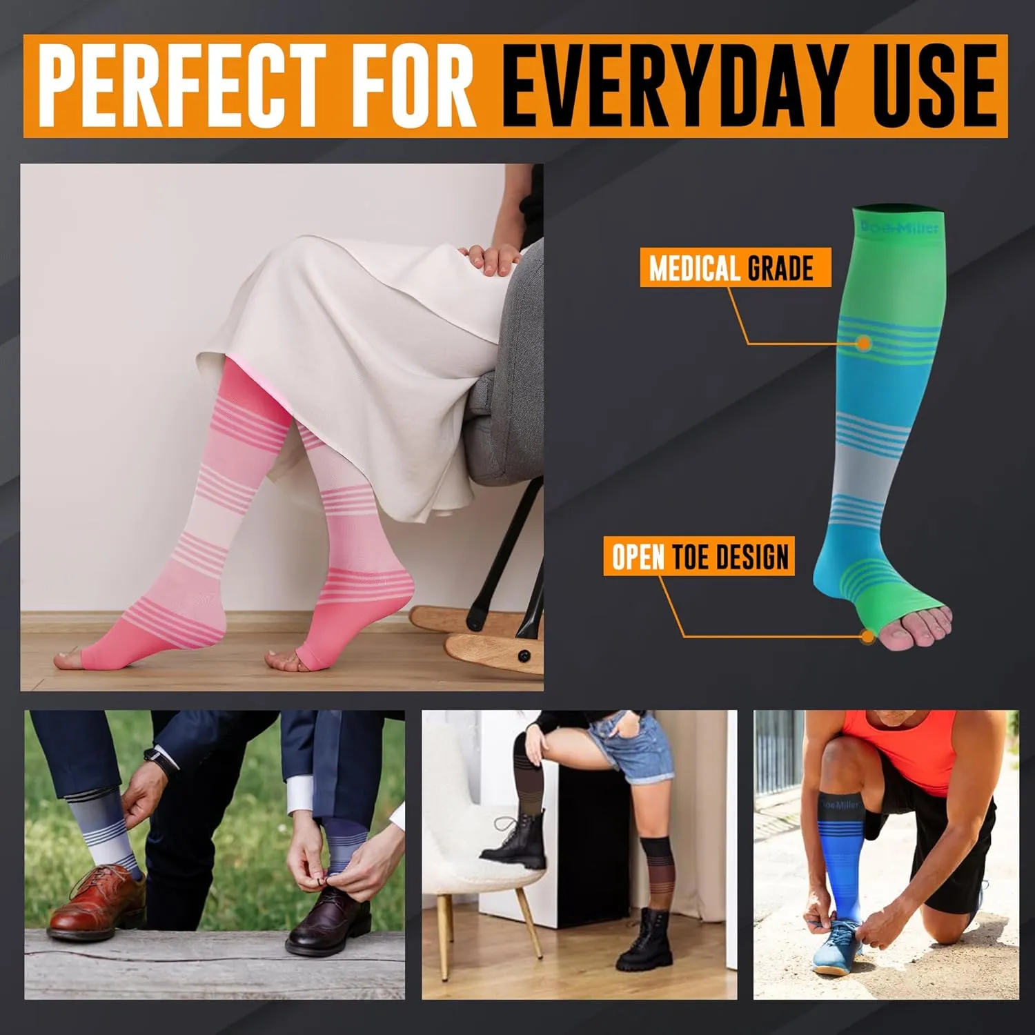 Doc Miller Toeless Compression Socks Women and Men  Open Toe Calf Support, 20-30mmHg Knee-High Sleeves, Lightweight, 1 Pair