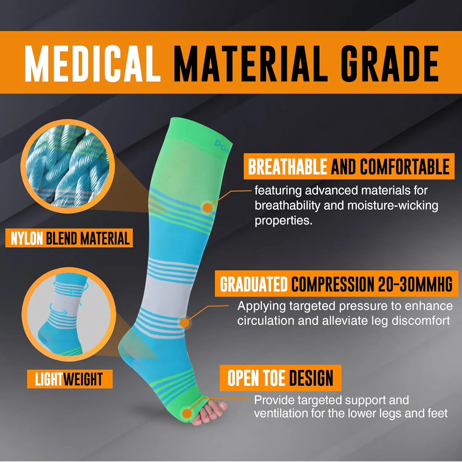 Doc Miller Toeless Compression Socks Women and Men  Open Toe Calf Support, 20-30mmHg Knee-High Sleeves, Lightweight, 1 Pair