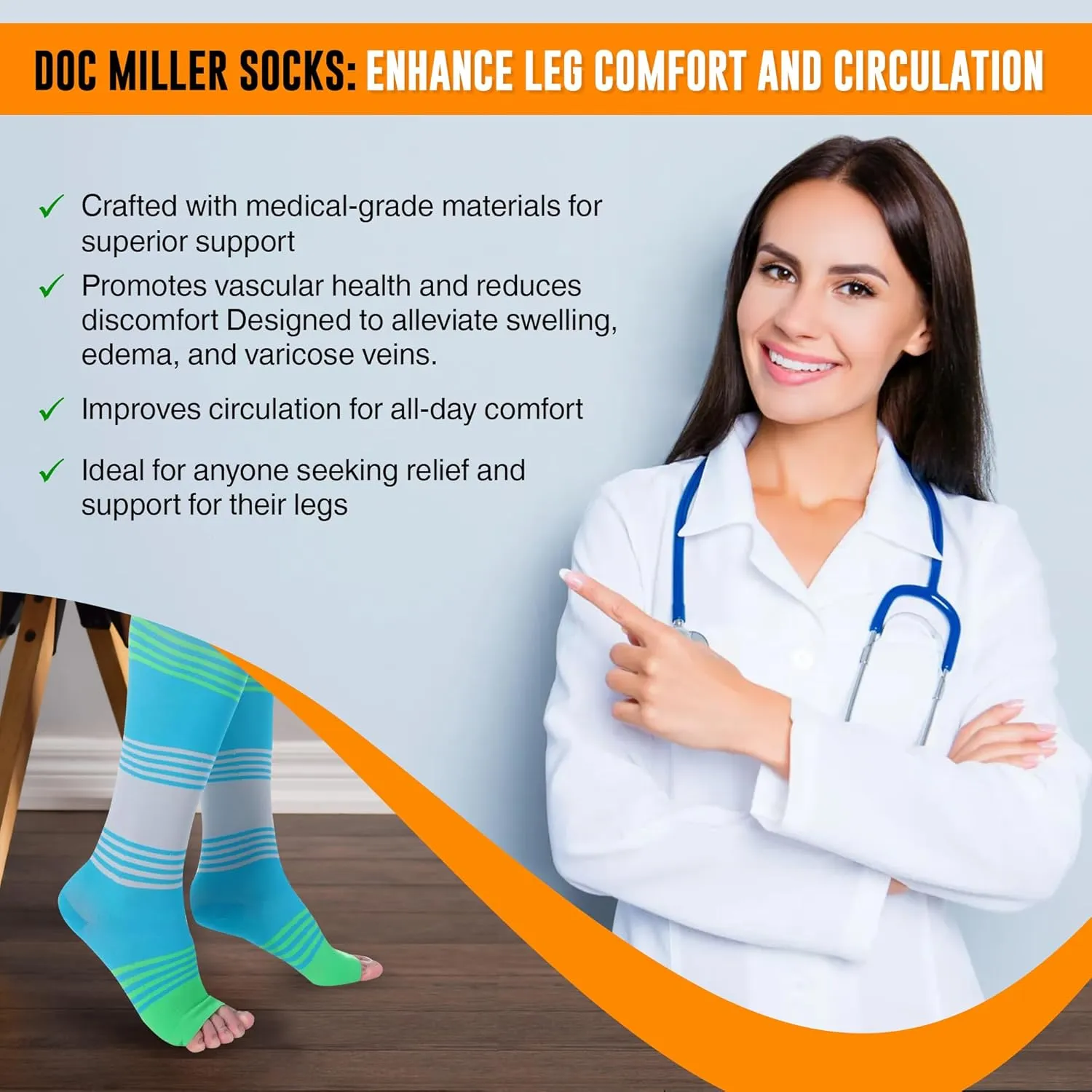 Doc Miller Toeless Compression Socks Women and Men  Open Toe Calf Support, 20-30mmHg Knee-High Sleeves, Lightweight, 1 Pair