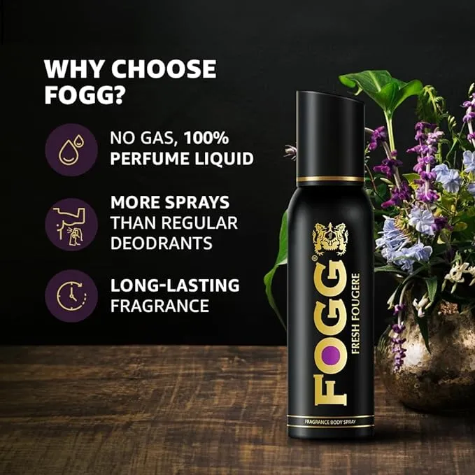 Fogg Fresh Fougere Premium No Gas Deodorant for Men, Long-Lasting Perfume Body Spray, 120 ml
