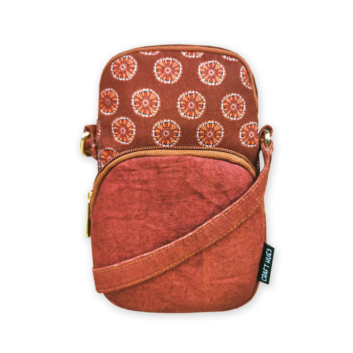Front Pocket Mobile Sling- Rust Madhubani Chakra