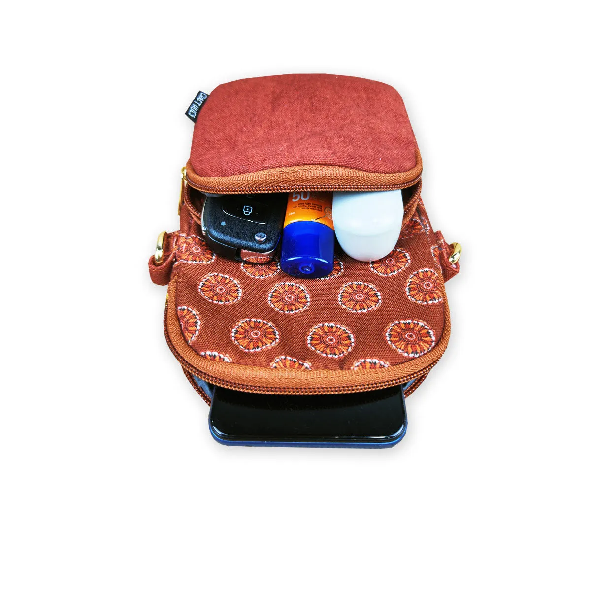 Front Pocket Mobile Sling- Rust Madhubani Chakra