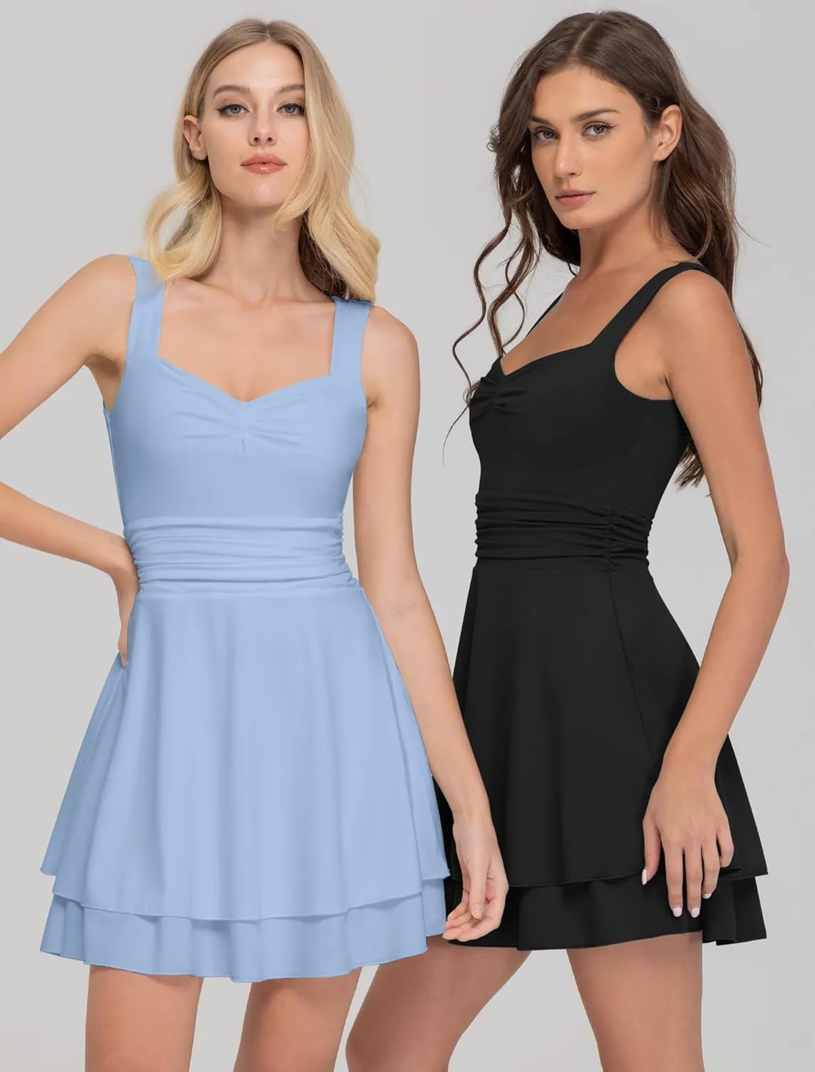 IWD Women's Square Neck Sleeveless Mini Dress Ruched Waist Tiered Ruffle Hem A Line Short Dresses