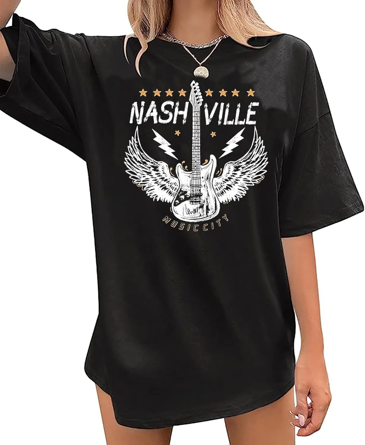 Nashville Music City T-Shirt Women Country Music Oversized Shirts Rock Band Tshirt Vintage Guitar Wings Graphic Tees