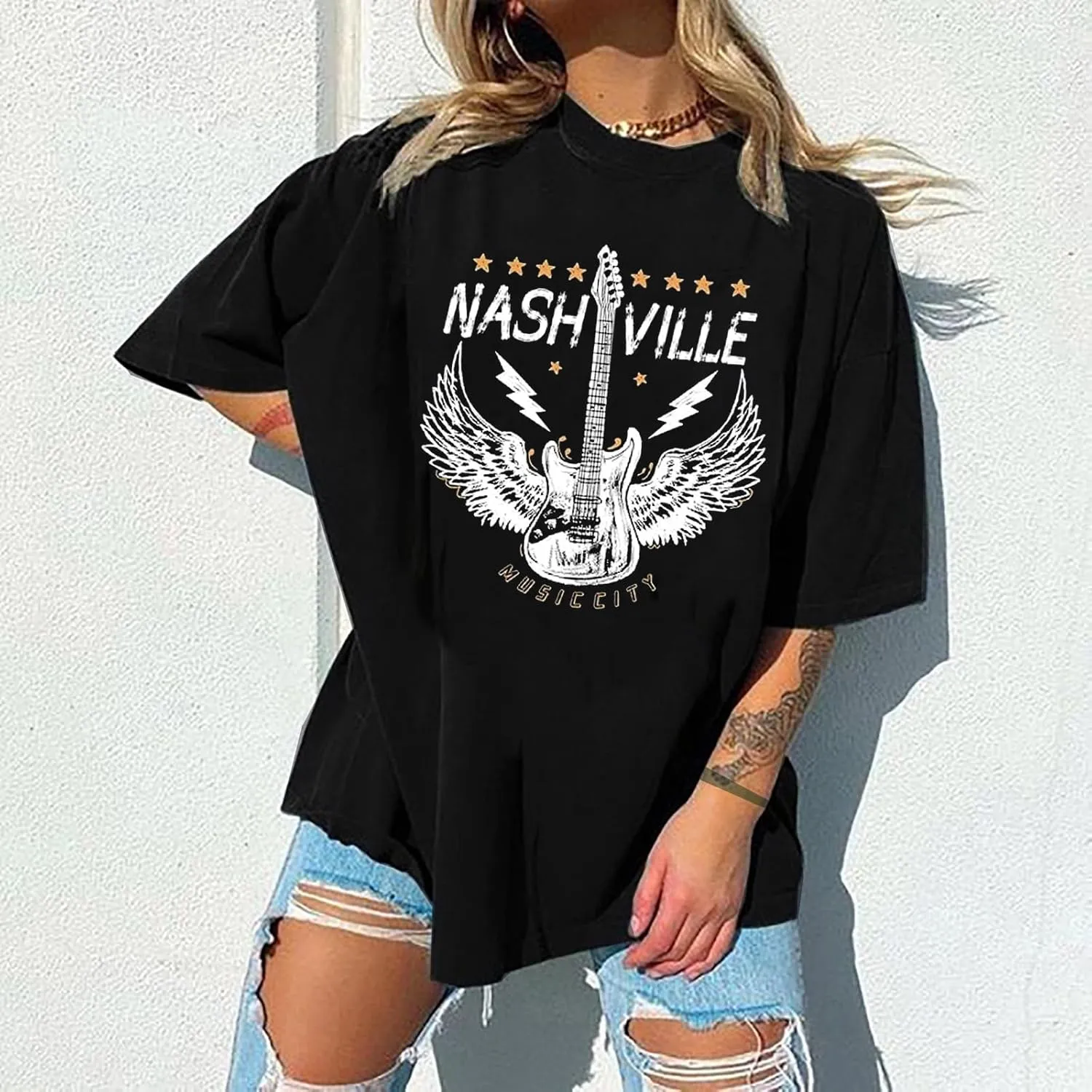 Nashville Music City T-Shirt Women Country Music Oversized Shirts Rock Band Tshirt Vintage Guitar Wings Graphic Tees