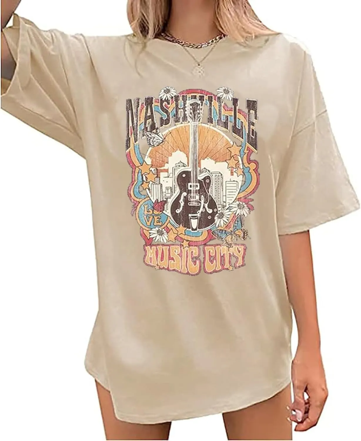 Nashville Music City T-Shirt Women Country Music Oversized Shirts Rock Band Tshirt Vintage Guitar Wings Graphic Tees