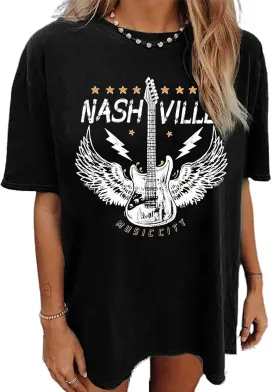 Nashville Music City T-Shirt Women Country Music Oversized Shirts Rock Band Tshirt Vintage Guitar Wings Graphic Tees