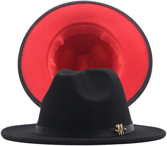 NC Two-Colors Patchwork Fedora Hats with M Leather Band Women Party Felted Bowler Cap Casual Men Wide Brim Church Fedoras (Black and red)