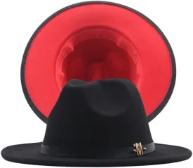 NC Two-Colors Patchwork Fedora Hats with M Leather Band Women Party Felted Bowler Cap Casual Men Wide Brim Church Fedoras (Black and red)