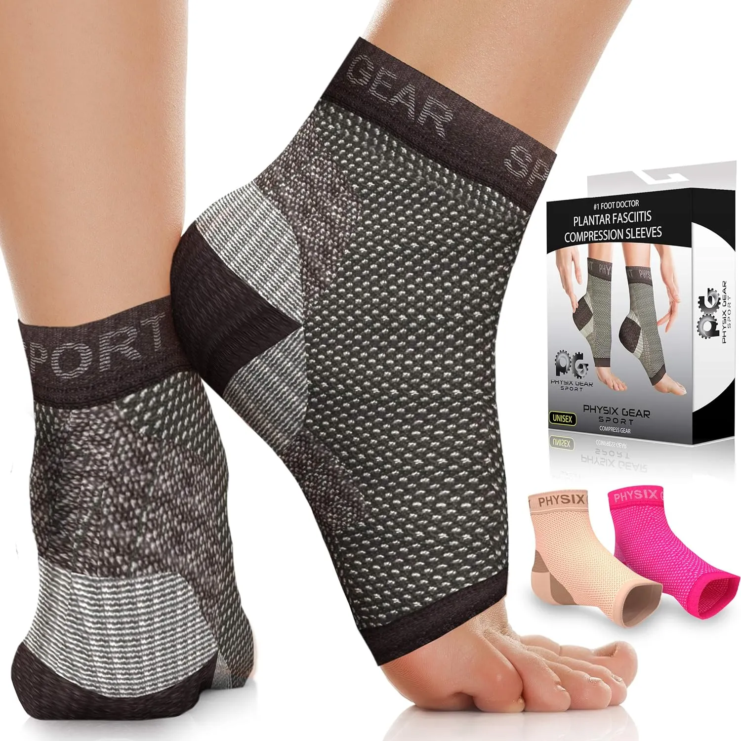 Physix Gear Plantar Fasciitis Socks for Men & Women, Best Foot discomfort & Arch Support Planter Facetious Socks, Compression Foot Sleeves Planter Fasciated Socks for Comfort, Black (1 Pair), S/M