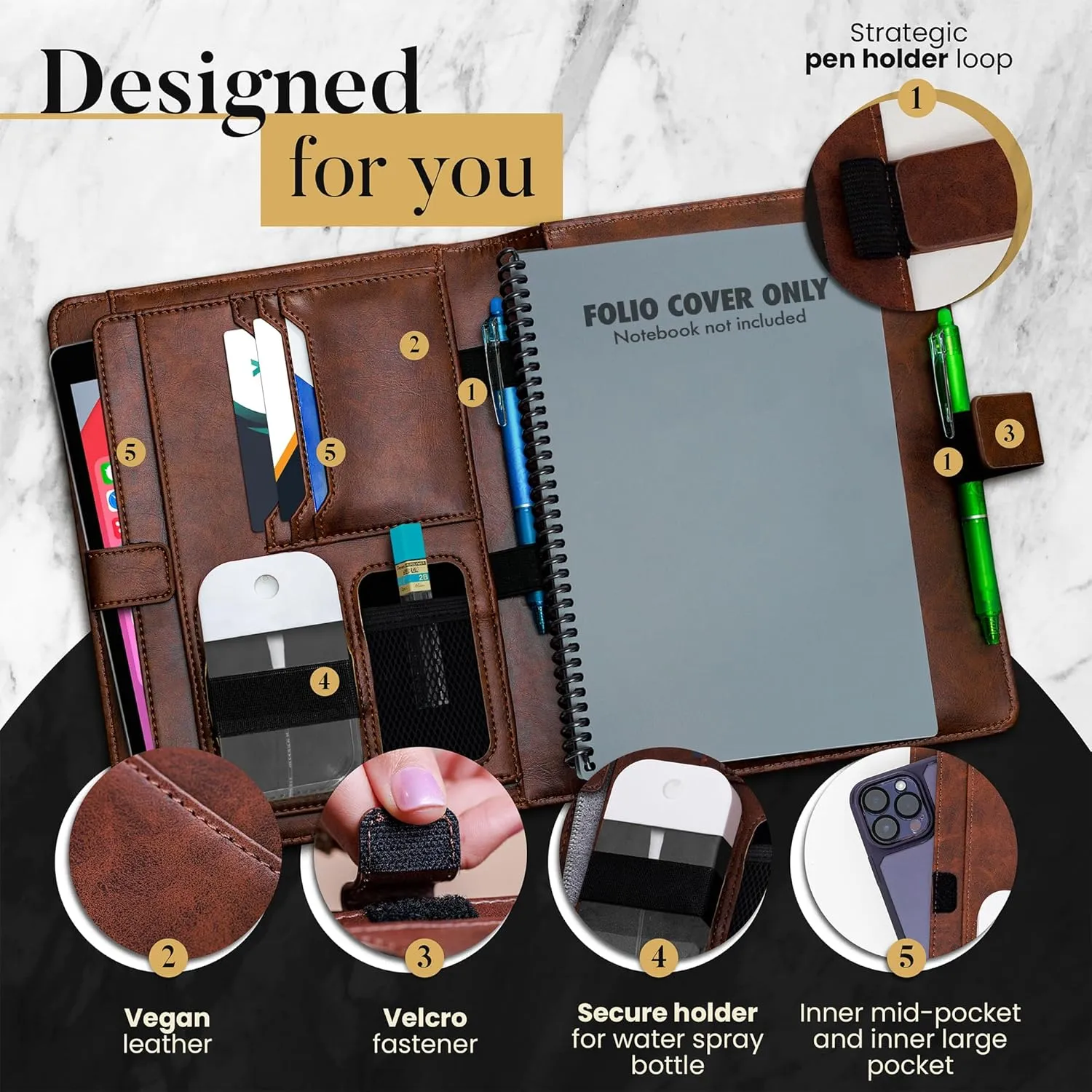 Premium Folio Cover Compatible with Rocketbook, Hobonichi Cousin, Stalogy and Midori MD Planners - Fits 8.5x11 Smart Notebook - Executive Size A4 Portfolio Organizer - Faux Leather Planner Covers