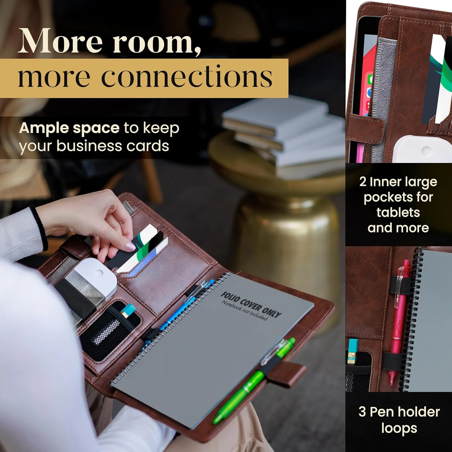 Premium Folio Cover Compatible with Rocketbook, Hobonichi Cousin, Stalogy and Midori MD Planners - Fits 8.5x11 Smart Notebook - Executive Size A4 Portfolio Organizer - Faux Leather Planner Covers