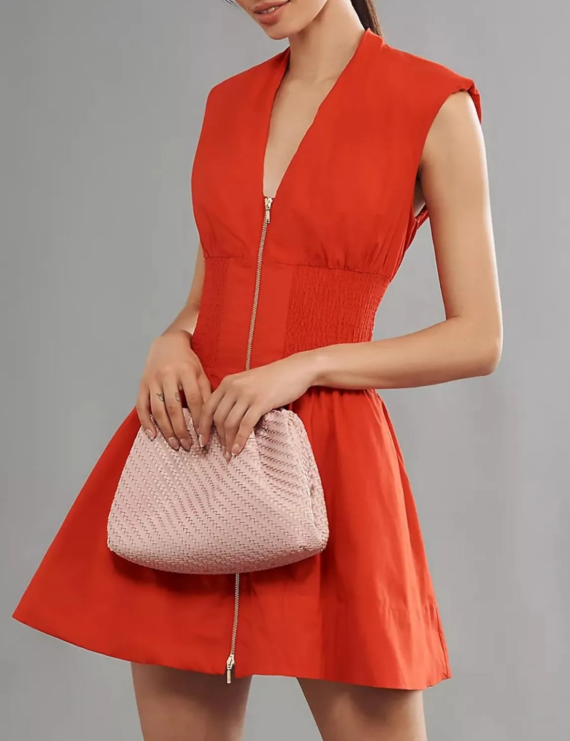 Womens V Neck Summer Dress Cap Sleeve Zipper Mini Dress Smocked Slit Dress with Pockets