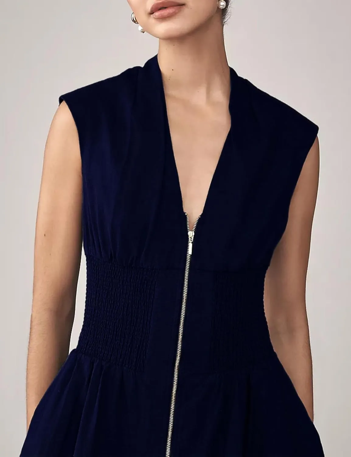 Womens V Neck Summer Dress Cap Sleeve Zipper Mini Dress Smocked Slit Dress with Pockets