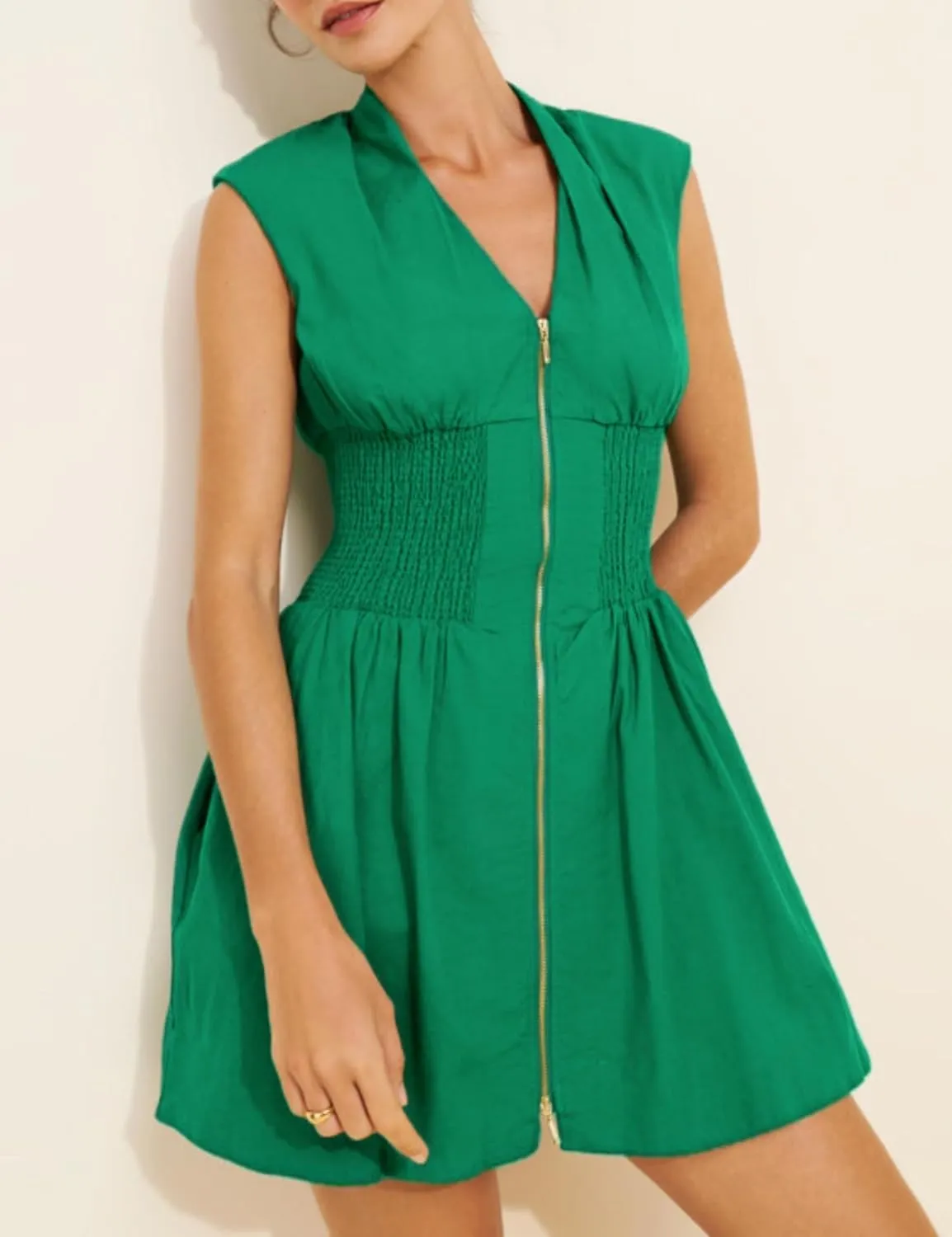 Womens V Neck Summer Dress Cap Sleeve Zipper Mini Dress Smocked Slit Dress with Pockets