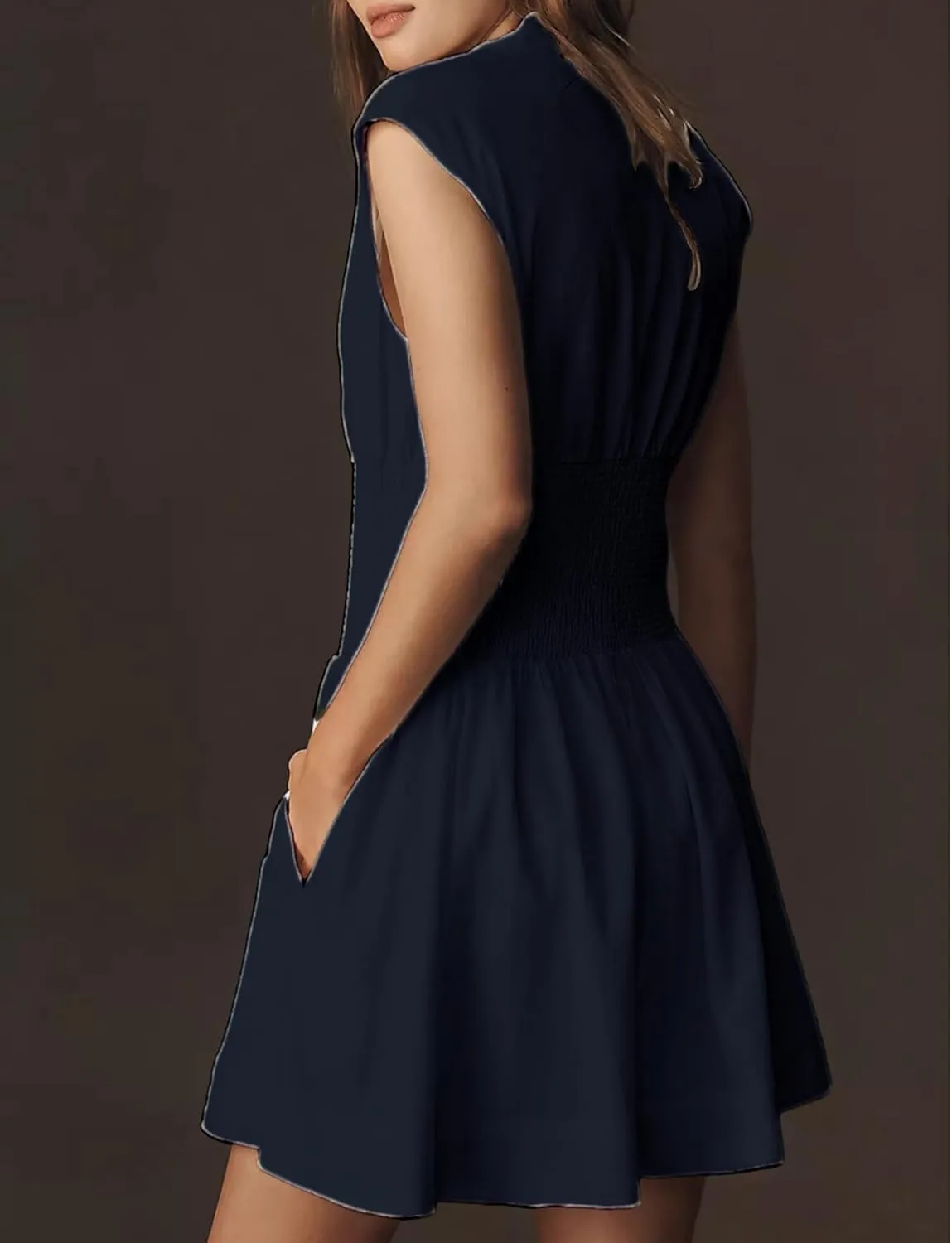 Womens V Neck Summer Dress Cap Sleeve Zipper Mini Dress Smocked Slit Dress with Pockets