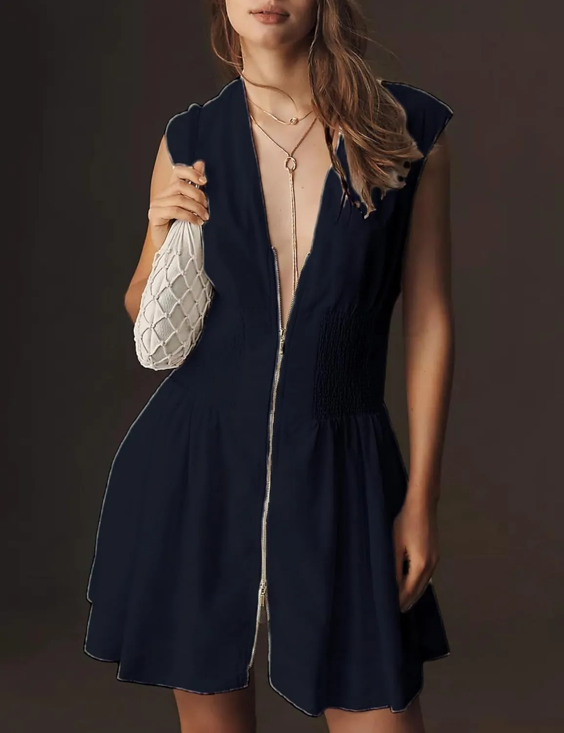 Womens V Neck Summer Dress Cap Sleeve Zipper Mini Dress Smocked Slit Dress with Pockets
