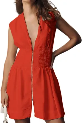 Womens V Neck Summer Dress Cap Sleeve Zipper Mini Dress Smocked Slit Dress with Pockets