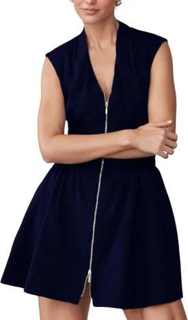 Womens V Neck Summer Dress Cap Sleeve Zipper Mini Dress Smocked Slit Dress with Pockets