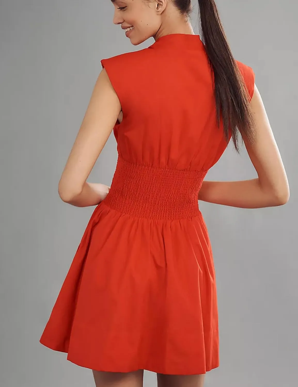 Womens V Neck Summer Dress Cap Sleeve Zipper Mini Dress Smocked Slit Dress with Pockets